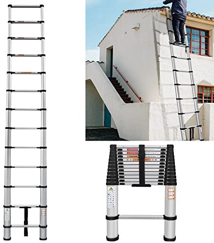 3.2M/10.5FT Telescoping Aluminium Extension Ladder - Heavy Duty Multi-Purpose Non-Slip Folding Portable EN131 Standard for RV and Home Use - 330lb/150kg Capacity