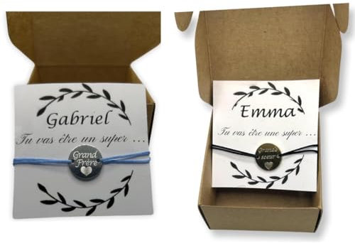 Bracelet fil médaillon médaille gravure grande soeur ou grand frere-coffret annonce grossesse-devenir-or, argent ou or rose- carton avec prénom personnalisé- 33 couleur de fil au choix-2 trou 15 mm