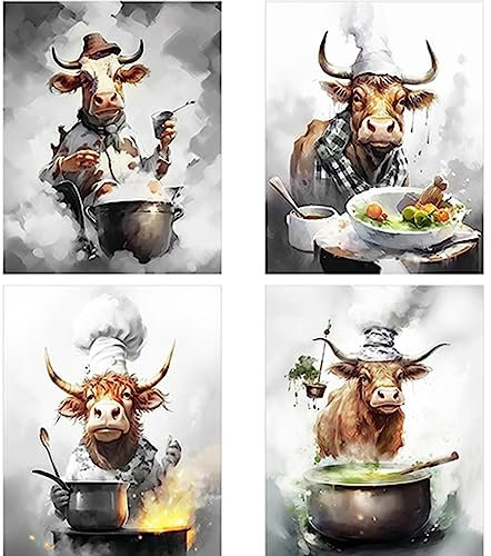 Lustige Kuh Leinwand-Wandkunst – Kochen verführerisches Essen Kuh Bild in der Küche – Tierdruck, Gemälde, gerahmtes Kunstwerk, 20,3 x 25,4 cm, ungerahmt, Set mit 4 Pfosten für Heimdekoration