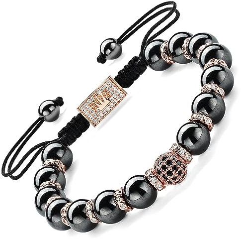 EUMENIDES Hämatit Magnetarmband,18K Gold Magnetarmband,Magnetische Hämatit Armbänder mit 18K Goldperlen,Beseitigen Sie statische Elektrizität (Rose Gold Zirkonia Krone-schwarz,8MM)