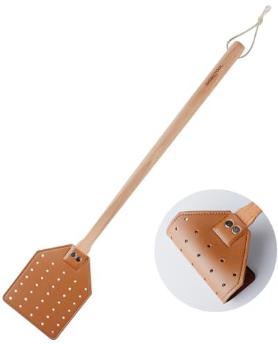DEBETOOL Matamoscas de cuero, matamoscas manual resistente con mango de madera, matamoscas de cuero duradero para uso en interiores y exteriores (marrón)