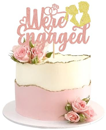 Ercadio 1 Pack We're Engaged Cake Topper Rose Gold Glitter We’re Engaged Cake Picks with Ring Bridal Shower Cake Pick Decorations for Wedding Engagement Theme Party Cake Decorations Supplies