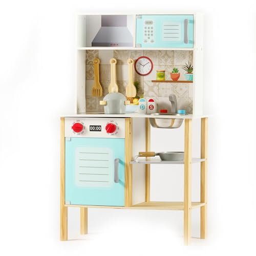 Maisonelle Nature Cucina in Legno Giocattolo Completa di Accessori con Pentole, Lavello, Forno. Dimensioni: 92 x 60 x 30 cm. Idea regalo perfetta per tutti i piccoli aspiranti chef.