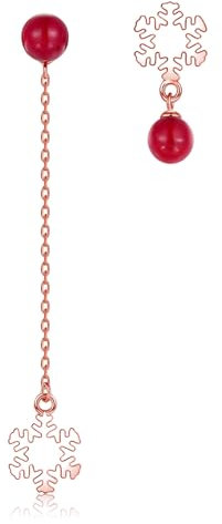 Zolkamery Weihnachten Damen Ohrringe Hängend, 925 Sterling Silber Asymmetrische Schneeflocken Ohrstecker mit Rot Perle, Rosegold Ohrstecker für Frauen Mädchen, Hypoallergen Ohrhänger zum Weihnachten