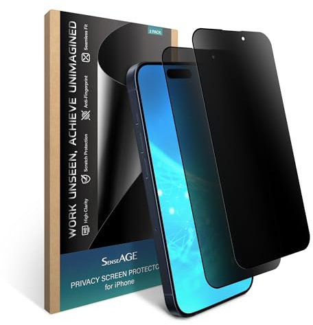SenseAGE 2 Pack Blickschutzfilter für iPhone, Anti-Spionage Privates Aluminosilikatglas, Anti-Kratz, Volles Bildschirm-HD (iPhone 15 Pro [6,1 Zoll])