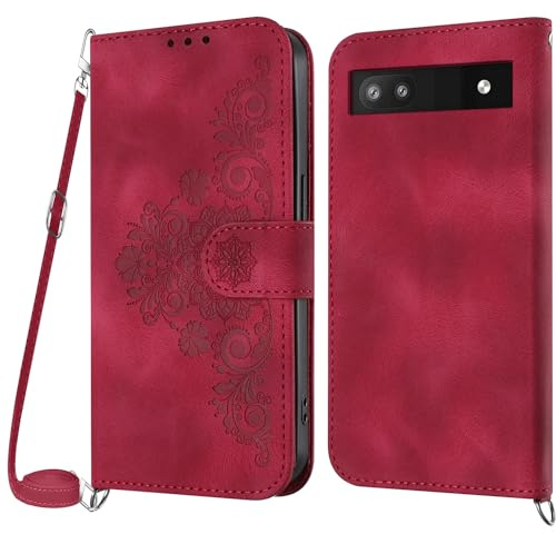 NETANY Coque pour Google Pixel 6A avec Cordon, Etui pour Google Pixel 6A avec Cordon Collier, Cuir Flip Portefeuille, Housse Case Etui avec [Bandoulière Réglable] Lanyard Case Cover (Rouge)