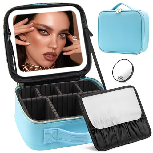 Travel Makeup Bag with Mirror and Lights, Makeup Case with Lighted Mirror 3 Color Lights Adjust Brightness, Travel Cosmetic Case Makeup Organizer Bag with Adjustable Dividers & Brushes Holder(Blue)