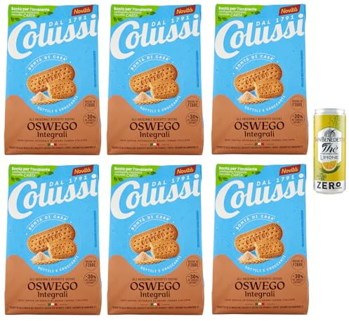6er-Pack Colussi Biscotti Oswego Integrali,Vollkornkekse Kekse mit Braunem Zucker und Getreide Mehl,450g Beutel + 1er-Pack Kostenlos San Benedetto Eistee mit Zitrone Ohne Zucker 330ml Dose