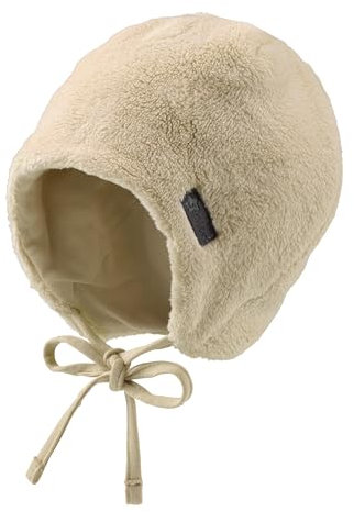 Sterntaler Mütze aus Teddyflausch – Unisex Babymütze mit angeschnittenen Ohrenklappen und Bindeband – warme Beanie, gefüttert mit Baumwollfleece – Erstlingsmütze – beige, Größe 35