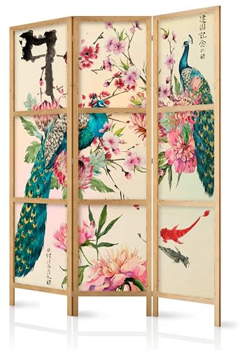 murando - Paravent Innen Raumteiler Holz Botanik 135x172 cm 3-teilig Japanische Trennwand Raumtrenner Room Divider Mobiler Sichtschutz Spanische Wand Raum Abtrennung Pfau Blumen Natur p-C-0002-bh-d