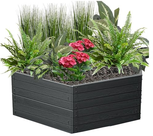 Jardinera para flores de jardín, bancal elevado, jardinera, antracita, imitación de madera, 148 x 129 x 50 cm