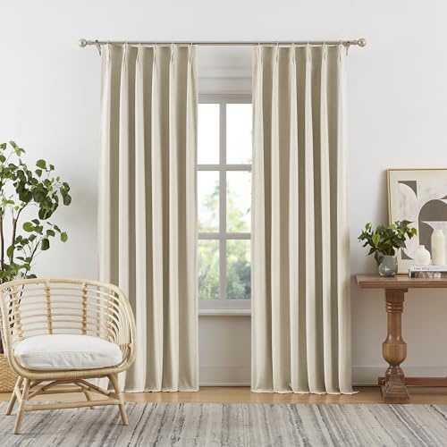 DUALIFE Vorhänge mit Quetschfalten, 228 cm lang, wärmeisolierend, schalldicht, Landhaus-Leinen-Vorhänge für Wohnzimmer, Schienensystem mit Haken, 2 Burg-Rücklaschen, natürliche Birke, 2er-Set