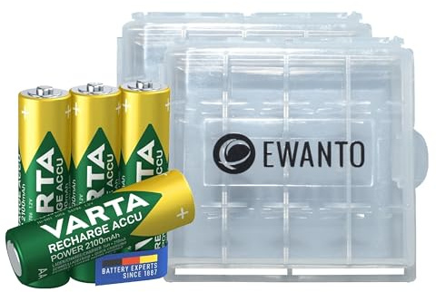 4X für Varta AA Akku 2100 mAh 1,2 V NiMH Accu Mignon 56706 Bulk + 2X Batteriebox/Akkubox zu Aufbewahrung von 4 STK. Mignon (AA) oder Micro (AAA) Batterien und Akkus mit Logo