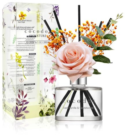 Cocodor Duftstäbchen mit Rosenblüten-Motiv, dunkle Vanille und Sandelholz, 190 ml, 1 Packung, Raumduft, ätherisches Öl, Stäbchen-Diffusor für Schlafzimmer, Badezimmer, Heimdekoration