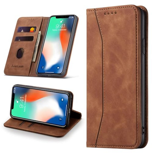 Leaisan Handyhülle für iPhone XS/X Hülle Premium Leder Flip Klappbare Stoßfeste Magnetische [Standfunktion] [Kartenfächern] Schutzhülle für iPhone XS/X 5,8 Zoll Tasche - Braun