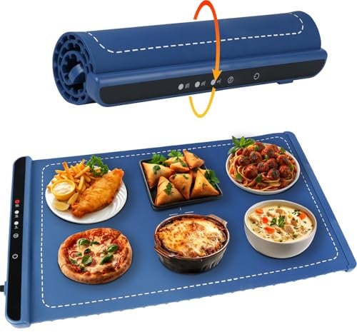 Vieshful Electric Warming Tray, Silicone Heating Mat for Food, Foldable Food Warmer, Full Surface Heating Plate, 3 Temperature and Timing Levels for Gatherings Parties Holidays Buffet, Blue
