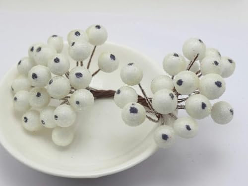 YLREAN 40 pezzi di bacche di agrifoglio artificiali, decorazione floreale finta, mini Natale satinato-BIANCO