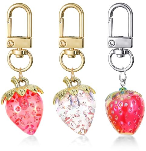 Ouligay Lot de 3 porte-clés en forme de fraise kawaii - Rouge transparent - Fraise - Sac - Cadeau pour filles et femmes, Rose, 6.6 cm