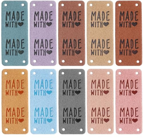 50 Stück Geprägte Handmade Label mit Löchern,Ymapinc Intim Handmade Label zum Annähen 10 Farben PU-Leder Handgefertigte Etiketten für DIY Taschen Hut Jeans Handwerk Stricken