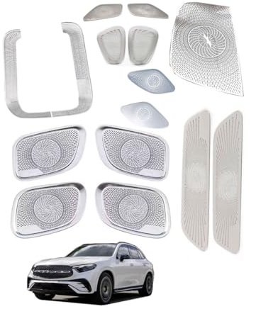 DSUTMLE Lautsprecher Gitter Abdeckung für GLC X254 2023 2024 | Edelstahl Masche Dekorativ Kreis Schutz Auto Audio Dekorative Zubehör,10-teiliges Lautsprecherabdeckung Set Silber