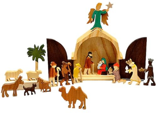 Mppchhn Weihnachtskrippe, Holzhaus Krippe, Krippen Figuren und Nativity Scene, 16 cm x 16cm Modellhaus