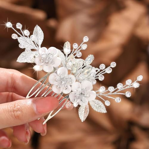 Zoestar Haarkamm mit Blume, Braut, Hochzeit, Strass, Braut-Kopfschmuck, Blattperlen, Seitenkämme, dekorativer Haarschmuck für Frauen (Silber, Einheitsgröße)