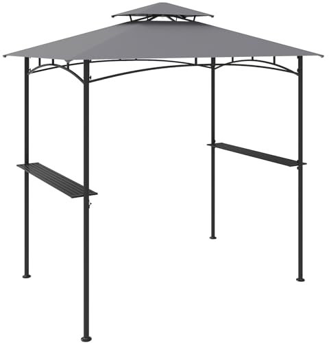 SPOTRAVEL BBQ Gazebo, 2.5 x 1.5m/3.2 x 1.5m/4.2 x 1.2m Double Tiered Grill Shelter with 2 Side Shelves, Outdoor UV Resistant Grill Patio Canopy (Grey)