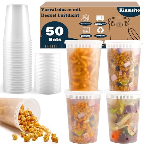 Kinmsito 50 Stück Kunststoffbehälter mit Deckel,946ml Frischhaltedosen mit Deckel,Deli Frischhaltedosen,Wiederverwendbare Aufbewahrungsbecher,Auslaufsicher Vorratsbehälter für Lebensmittelbehälter
