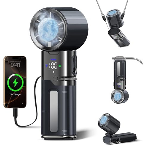 yAyusi Ventilador Turbo Portátil, 9000mAh Ventilador de Mano Multifunción con Función de Refrigeración y Recarga, 100 Velocidades, Cable Type-C Integrado y Pantalla LED, Ideal para Viajes y Oficina