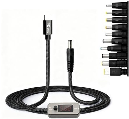 AYWHP 100W USB-C PD zu DC Adapter Kabel 5V 9V 12V 15V 20V einstellbar mit 10 DC Steckern 5.5x2.1mm Stecker, Zinklegierung Gehäuse & 1m Nylon Kabel kompatibel mit Laptop Router Monitor Kamera