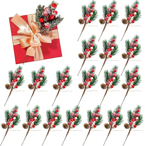 20 tallos de bayas rojas y blancas, pequeños pinchos de pino artificial y aerosoles de bayas de Navidad, con piñas, bayas de acebo, bayas de Navidad, ramas de abeto artificiales para guirnaldas