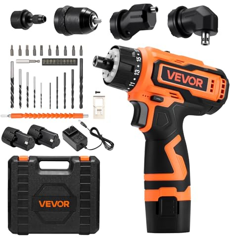 VEVOR Cordless Drill Driver, 5-In-1, Metal Chuck, Dual-Speed Variable, Drill Driver Kit with 2 Lithium Batteries and Charger, Tool Box, for Wood and Metal Drilling, Screw Tightening or Loosening