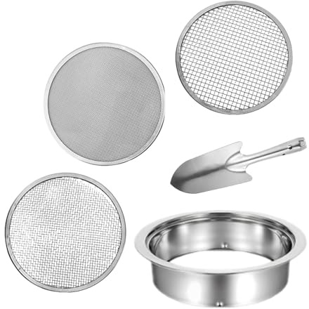 predolo 5 Stück Siebset Bodenfilter Siebrahmen Maschensiebe Edelstahl Langlebig für Gartenarbeit Bonsai Pflege Kompostierung Blumenerde, 3 Mesh Silberschaufel