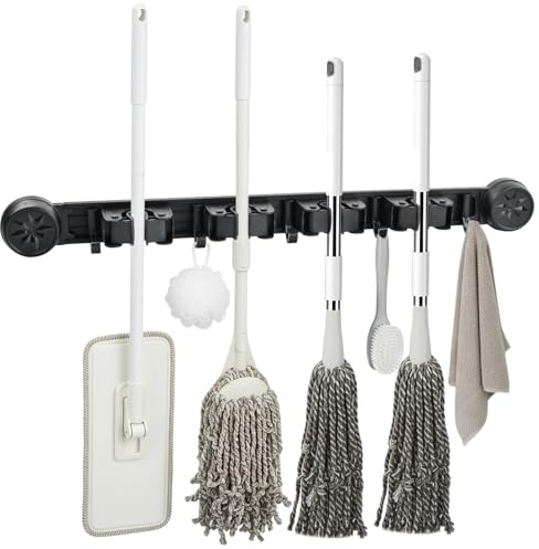 Culinavog Accroche Balai Mural, Clous Ventouse Amovibles Sans Perçage, Support Outils, Porte Balais Mural avec 4 Supports et 5 Crochets, Rangement Outils pour Cuisine, Salle de Bain, Jardin, Garage