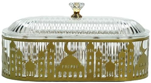 BEAHING Ramadan Tray 7.20x3.54x3.54in Oval Castle Gold Iron Serving Tray with Lid Ramadan Decorations for Home Table Party, Decorations