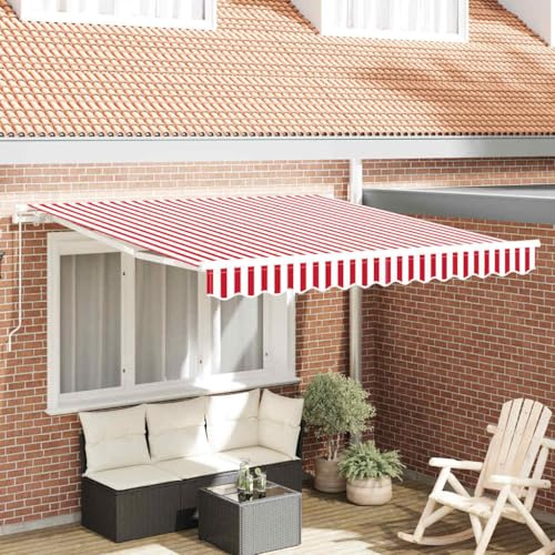 Einziehbare Markise Rot und Weiß 350x250cm, UV-beständiges Polyester mit Aluminiumrahmen, manuelle Terrassenüberdachung für Außenbereich, langlebiger Sonnenschutz