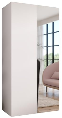 MEBLE KRYSPOL - Kleiderschrank - Garderobenschrank - 100 cm x 202 x 52 cm - Schrank mit Kleiderstange und Spiegel, 2 Türen - für Schlafzimmer, Flur - Piano, Weiß, Griff Schwarz