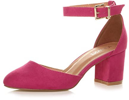 Ajvani Womens Ladies Low mid Block Heel Ankle Strap Court Shoes Sandals , Fuchsia Suede, 3 UK
