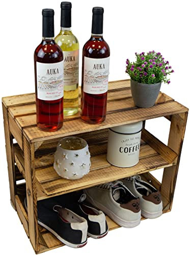 flambierte/geflammte Bücherregal - Schuhregalkiste mit Zwischenbrett/Mittelbrett Einlage ca 50x40x30cm / Apfelkisten Weinkisten Holzkisten aus dem Alten Land (GEFLAMMT OFFEN MIT Einlage LÄNGS)