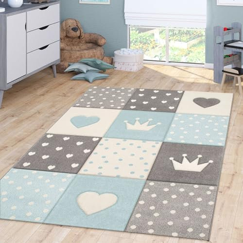 TT Home Kinderzimmer Teppich Junge Mädchen Kinderteppich Punkte Herz 3D Optik Pastell, Farbe: blau, Größe:160x230 cm