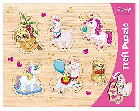 Trefl, Konturenpuzzle mit Unterlage, Lift-Out Puzzle, Einhörner, Lamas, Faultiere, für Kinder ab 2 Jahren