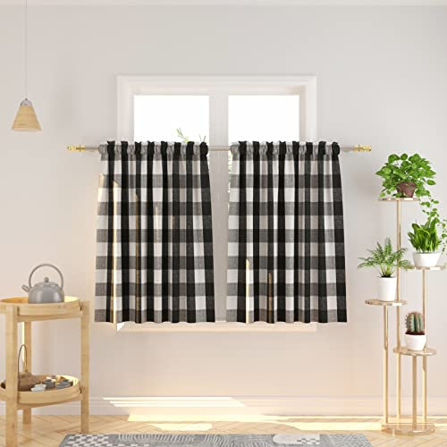 NATUS WEAVER Buffalo Vorhänge, kariert, 91,4 cm lang, kariert, Gingham-Stangentasche, klassische Café-Vorhänge, Landhausstil, Küche, kurze Vorhänge, 2 Paneele, Schwarz & Weiß