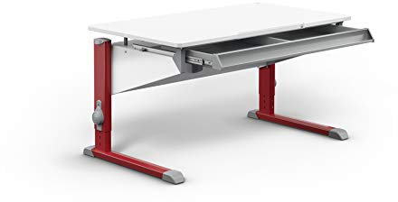 Moll Bandit Kinderschreibtisch höhenverstellbar | mitwachsend, ergonomisch & neigbar für aufrechtes Sitzen | ideal für Schulkinder | Schreibtisch weiß (mit Schublade, Rot, 117,2cm x 70,5cm)