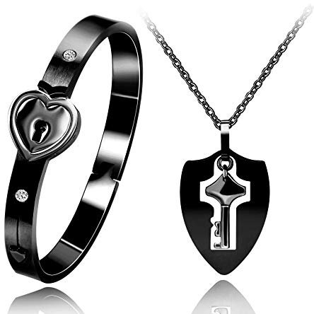 Uloveido Shield Key Pendant Necklace and Lock Bangle Bracelet for Girls Boys You Hold The Key to My Heart Couples Valentines Gifts Y473 (Black-1)