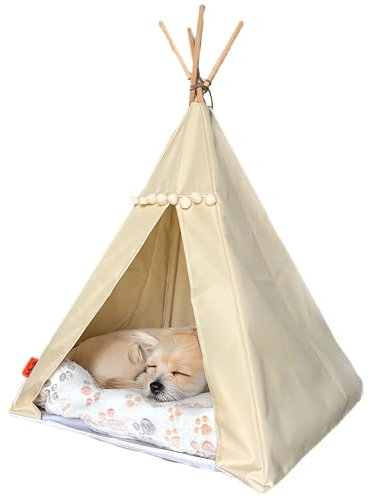 Tipi für Katzen und Hunde mit Bommeln, Wasserdichtes Haustierzelt mit Rutschfester Basis, Hunde- und Katzenhaus (Beiges, beiges Kissen, 65x65cm)