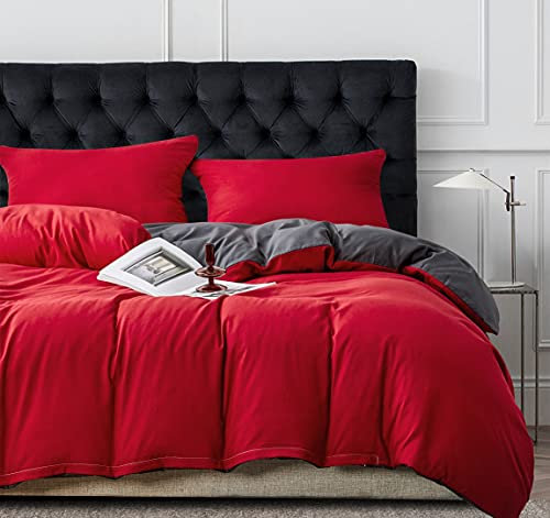 Damier Bettwäsche Rot Grau 200x200cm Wendebettwäsche Set 3 Teilig Superweiches Microfaser Uni Bettbezug mit Reißverschluss und 2 Kissenbezüge 80 x 80 cm