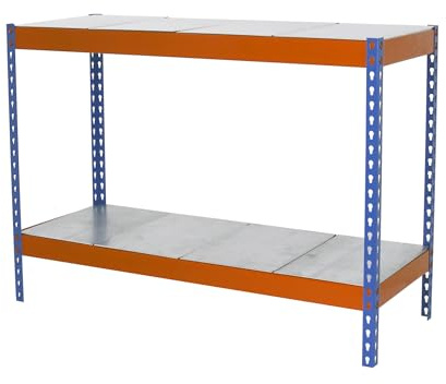 Simon Rack Industrieregal, 900x1200x450 mm, 600 kg Flex Point, 2 Einlegeböden, Lagerregale, Metallregale, blau/orange/galva - SimonWorkshop