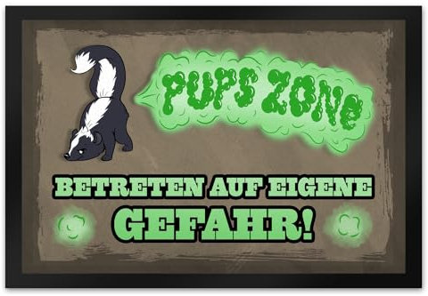 Pups Zone Betreten auf eigene Gefahr Fußmatte mit süßem Comic-Stinktier für streng riechende Zimmer und Toiletten als lustige Warnung