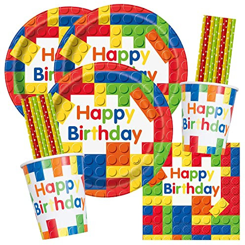 spielum Set di 64 mattoncini da costruzione, piatti, bicchieri, tovaglioli, cannucce per 16 bambini