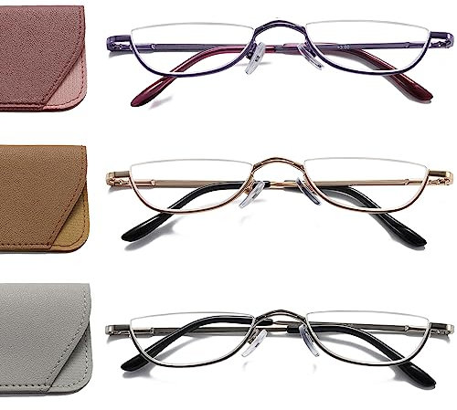 Hubeye 3 Pairs Half Moon Reading Glasses Metal Slim Half Frame Lens Ultra Thin Readers With Spring Hinges for Men and Women 2.50
